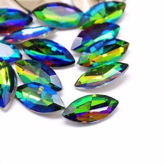 CA509 - 10 pcs Imitation Crystal Vitrail Iridescent Multicolor Faceted Rhinestone Cabochons - Glass Pointed Back - Navette - MEDIUM - 8mm x 4mm