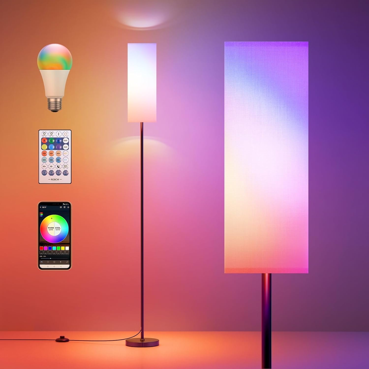 CAALOGT RGB Floor Lamps for Living Room, Modern Standing Lamp with App & Remote Control for Bedroom, Office (LED Blub Included)
