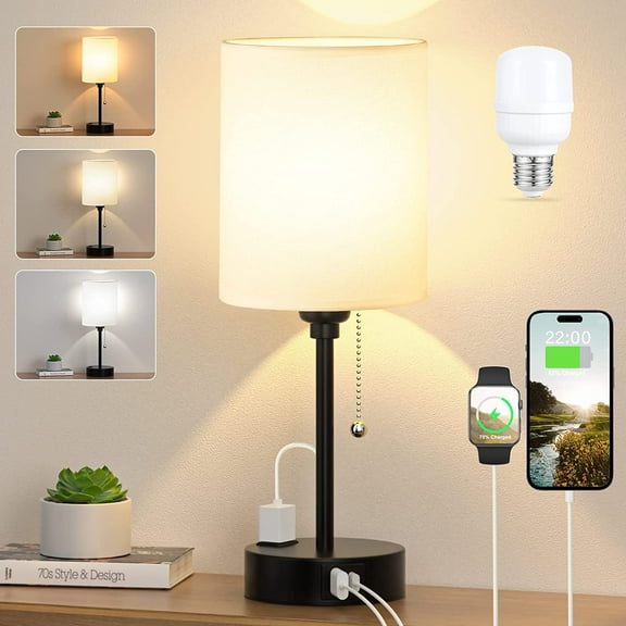 CAALOGT Table Lamp with USB Ports, AC Outlet, 3 Color Temperatures, 14.6 inch Bedroom Lamp