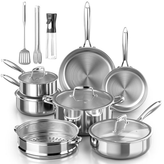 CAANNASWEIS Stainless Steel Pots and Pans Set 14 Piece, Induction Oven Safe Kitchen Cooking Set