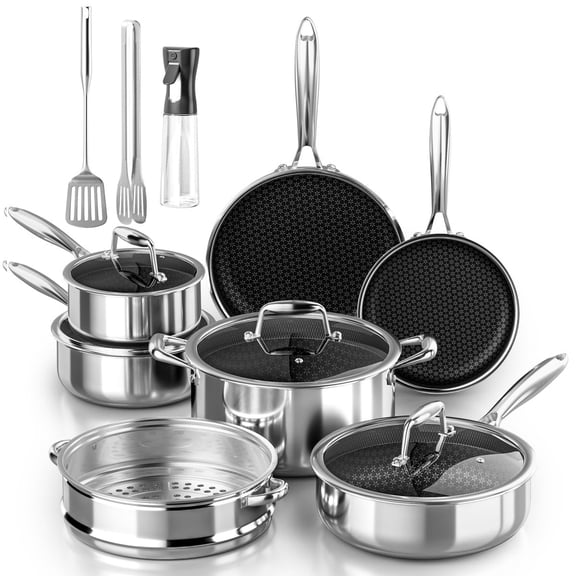 CAANNASWEIS Stainless Steel Pots and Pans Set 14 Piece, Induction Oven Safe Kitchen Cooking Set