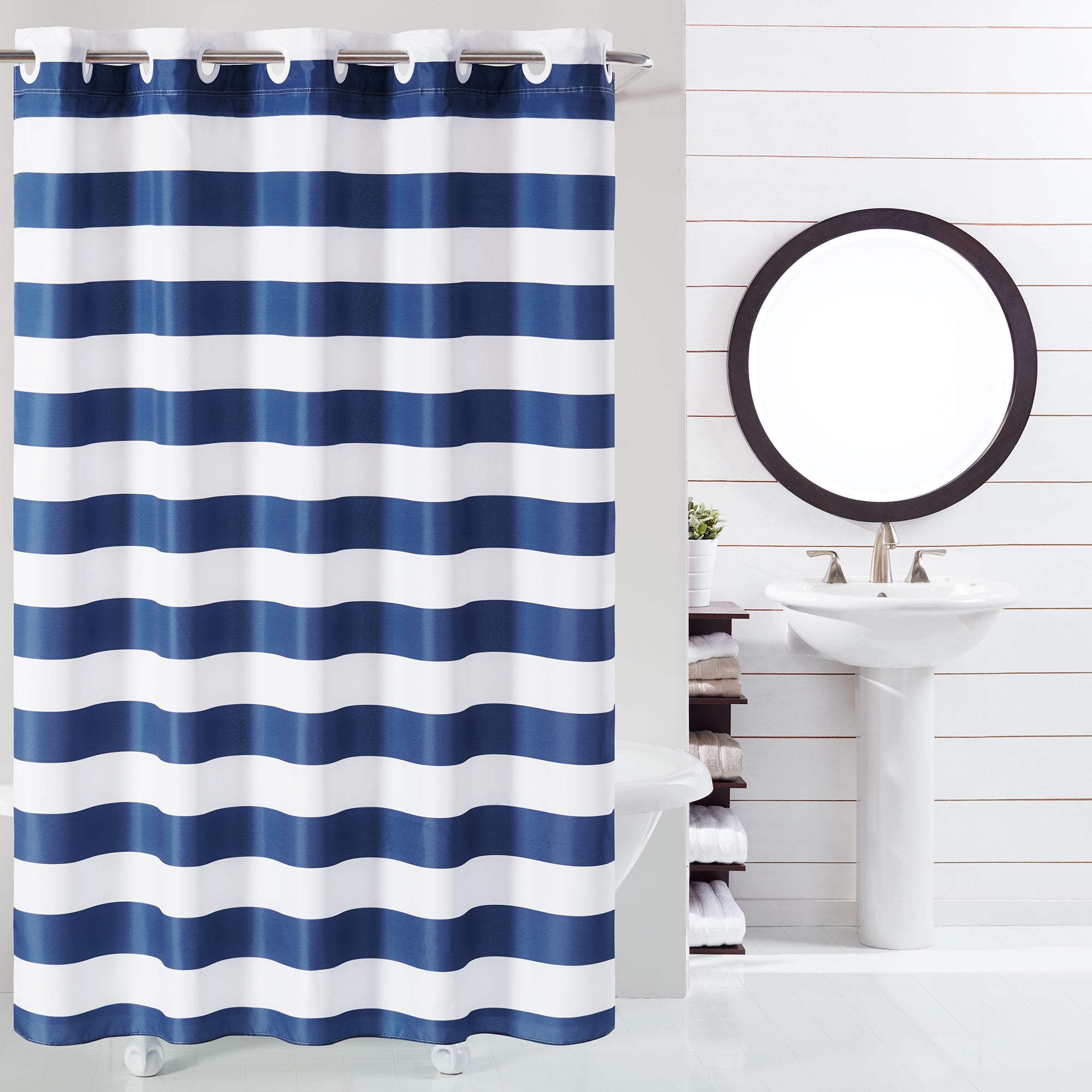Navy and White Striped Hookless Fabric Shower Curtain with Liner