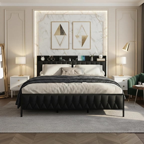 CABIHOME Bed Frame with PU Faux Leather, Metal Platform Bed Frame with Charging Station, Soft Headboard with Storage, Noise-Free, No Box Spring Needed