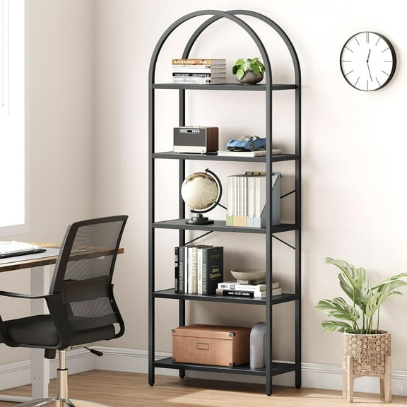 CABIHOME Bookshelf Tall Bookcase Arched Standing Bookshelves Modern Display Racks 5 Tier Storage Rack Shelf Large Wood Book Shelf for Bedroom, Living Room, Home Office