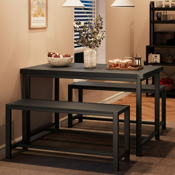 CABIHOME Dining Table Set for 4 with 2 Benches, Kitchen Table Set for 4-6 with Corner Protector, Dining Table and 2 Benches with H-Shaped Frame for Small Space, Kitchen, Apartment,Black
