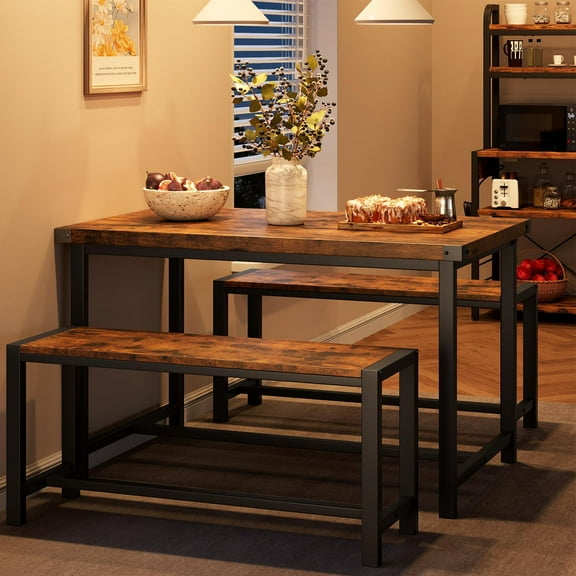 CABIHOME Dining Table Set for 4 with 2 Benches, Kitchen Table Set for 4-6 with Corner Protector, Dining Table and 2 Benches with H-Shaped Frame for Small Space, Kitchen, Apartment,Rustic Brown