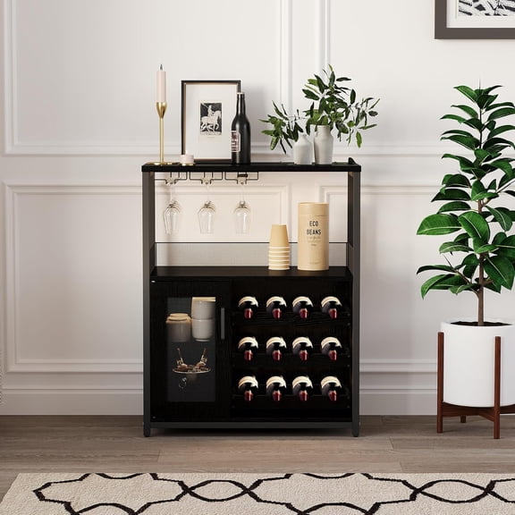CABIHOME Mini Bars for Home, 3-Tier Wooden Coffee Bar Cabinet, Modern Buffet Wine Cabinet with Storage Sideboard, Detachable Wine Rack, Glass Holder and Mesh Door for Home Kitchen Bar, Black