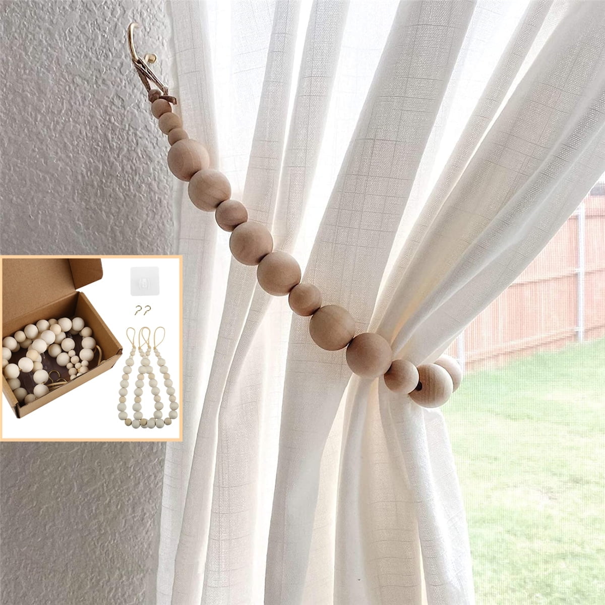 PULMCheerger Curtain Tiebacks Set Natural-Wood Bead Ties Brass Hooks Included Bedroom Decor with 2 Holdbacks
