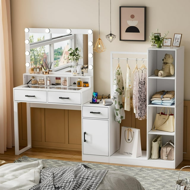 CABINAHOME Makeup Vanity Desk with Mirror and Charging Station,White