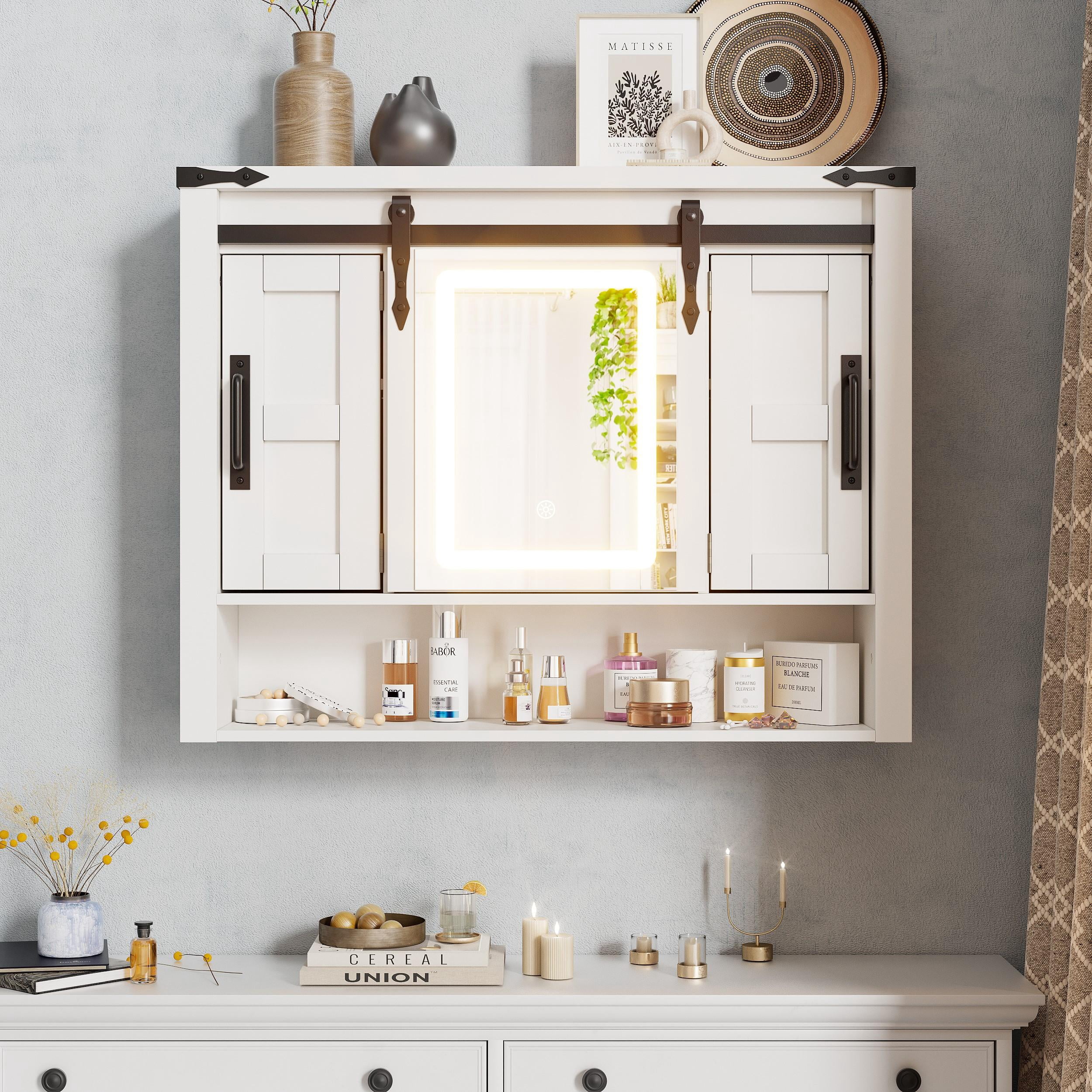 CABINAHOME Mirror Medicine Cabinet Wall Mounted with Lights, Bathroom Medicine Cabinet with Sliding Barn Door,3 Colors Touch LED Lights,Bathroom Vanity Cabinet with 2 Adjustable Shelf,White