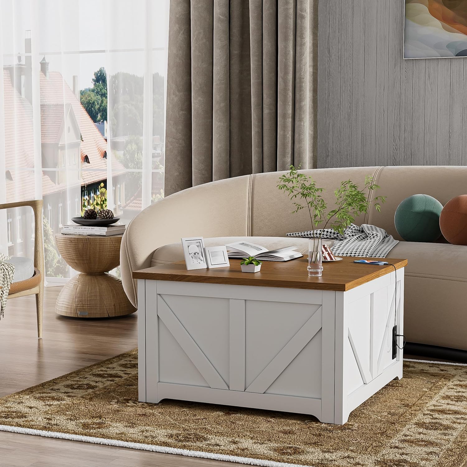 CABINAHOME Square Farmhouse Lift Top Coffee Table,White Square Wood ...