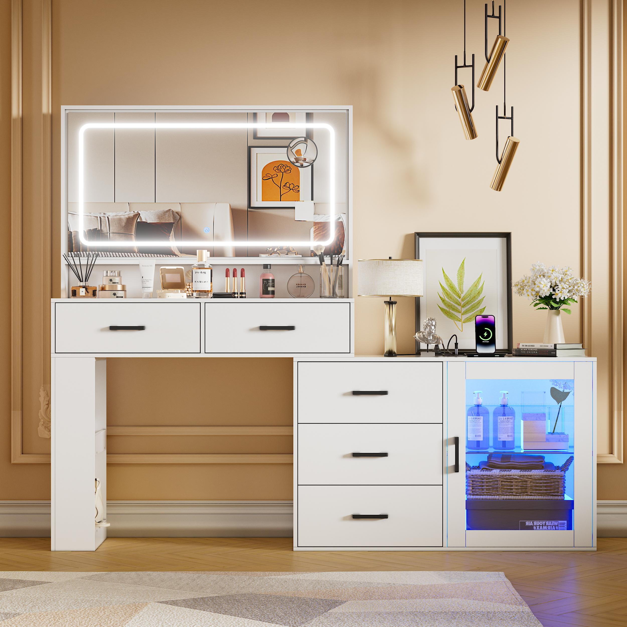 CABINAHOME Vanity Desk with Mirror and Lights, Corner Makeup Table with