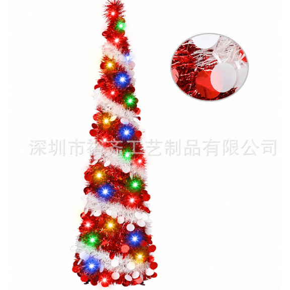 CABOWT 5 FT Pop Up Christmas Tree with Colored Timer Lights, Red White Tinsel Christmas Tree, Collapsible Artificial Pencil Tree Holiday Decoration for Home, Apartment, Office, Party