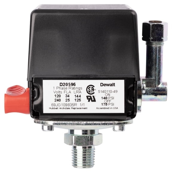 CAC-1360 / D20596 Pressure Switch 1/4" NPT Single Port 140-175 PSI 2-Pole 120-240V Compatible with Craftsman, DeVilbiss, and Porter Cable Air Compressor Units