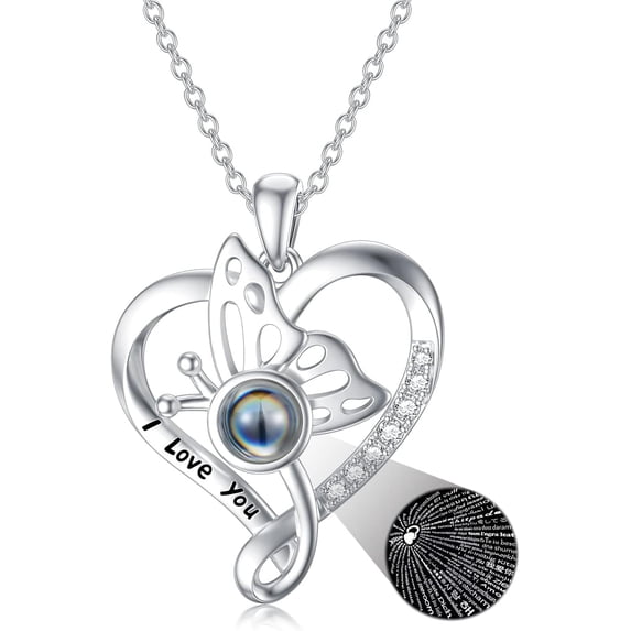 CACA LADY 100 Languages Projection Necklace I Love You Necklace 925 Sterling Silver Heart Butterfly Pendant Necklace jewelry Romantic Gifts for friend Women Birthday Anniversary