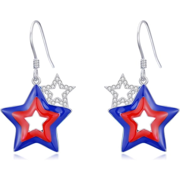 CACA LADY 4th of July Patriotic Earrings 925 Sterling Silver Red White and Blue American Flag Star Dangle Earrings Independence Day Women's Jewelry Gift (Silver Star)