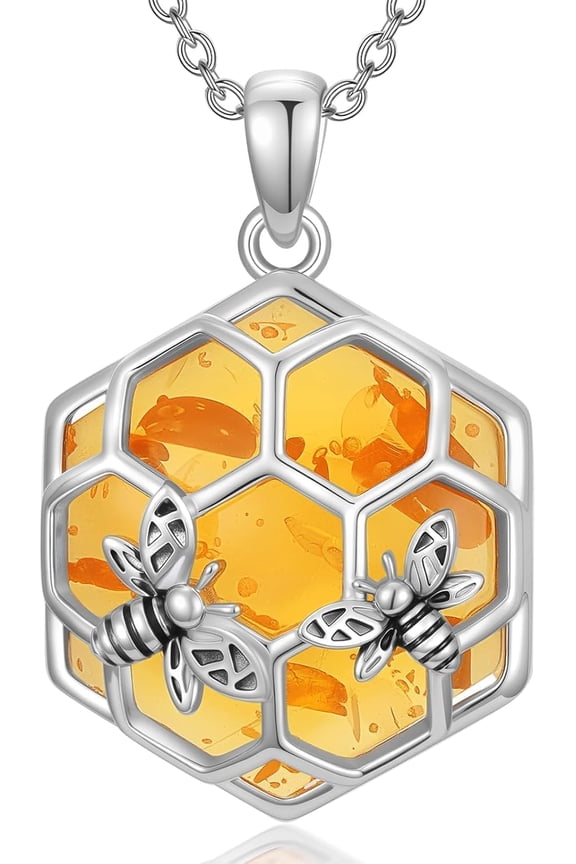 925 Sterling Silver Bee Necklace with Honeycomb Amber Pendant, Nature Inspired Hexagon Jewelry for Women, Bumble Bee Gifts for Mom Wife Girlfriend on Valentine's Day Birthday