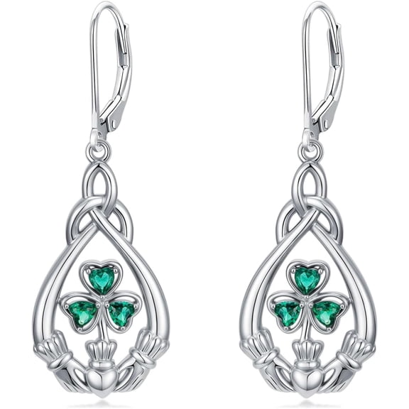 CACA LADY 925 Sterling Silver Celtic Knot Earrings for Women, Green Cubic Zirconia Shamrock & Claddagh Drop Earrings, Lucky Irish Jewelry for St. Patrick's Day