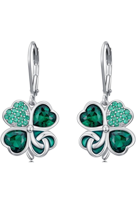 925 Sterling Silver Four Leaf Clover Earrings for Women Green Heart Crystal Lucky Shamrock Dangle Earrings Good St Patricks Day Jewelry Gifts