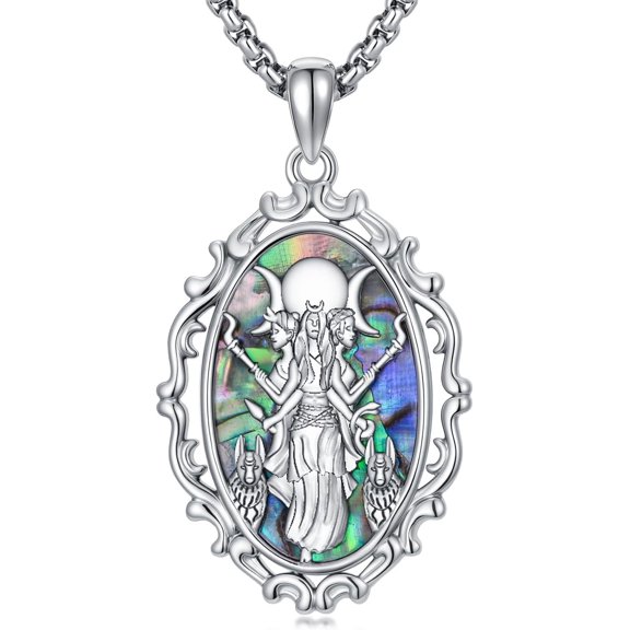 CACA LADY 925 Sterling Silver Hecate Necklace, Triple Moon Goddess Pendant with Abalone Shell, Wiccan Pagan Protection Jewelry, Spiritual Gift for Her Women