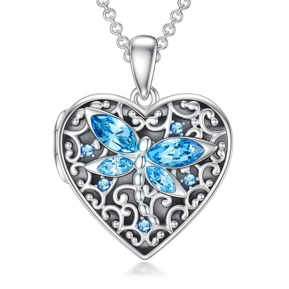 CACA LADY 925 Sterling Silver Love Dragonfly Crystal Photo Box that Holds Photo Locket Necklace