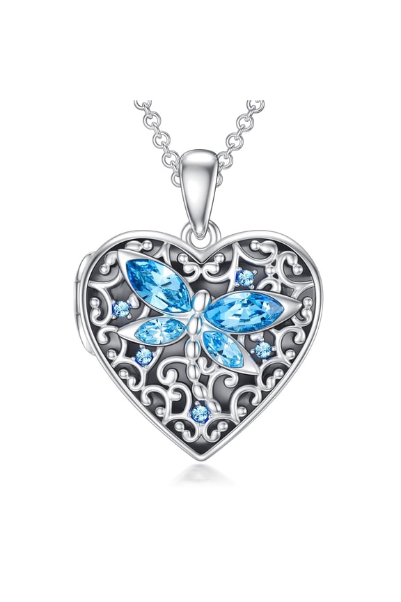 925 Sterling Silver Love Dragonfly Crystal Photo Box that Holds Photo Locket Necklace