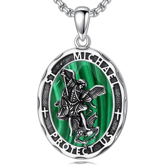 CACA LADY 925 Sterling Silver St. Michael Necklace for Men, Green Malachite Archangel Medal Pendant, Patron Saint of Police Military Protection, Religious Spiritual Jewelry Gift for Husband Father