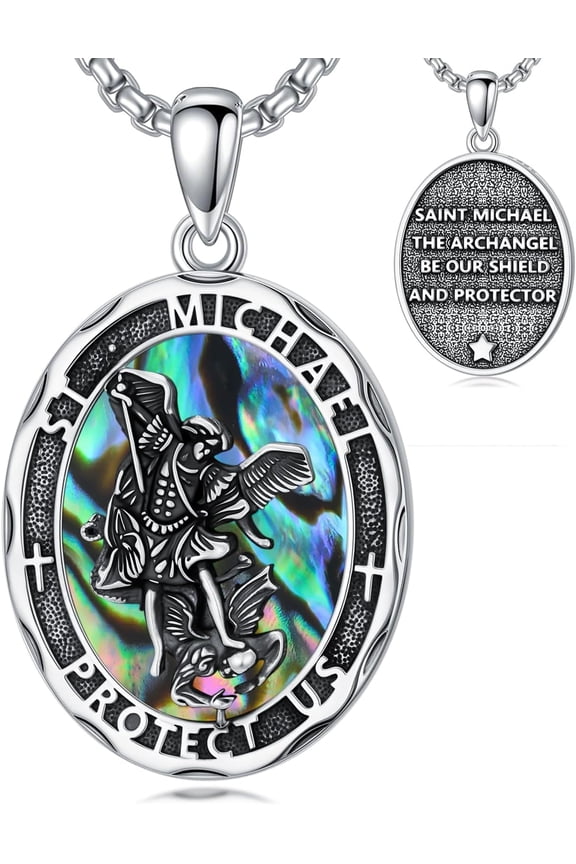 925 Sterling Silver St. Michael Necklace for Men Women Abalone Shell Archangel Medal Pendant Catholic Patron Saint Protection Jewelry Gifts for Police Officer Soldier