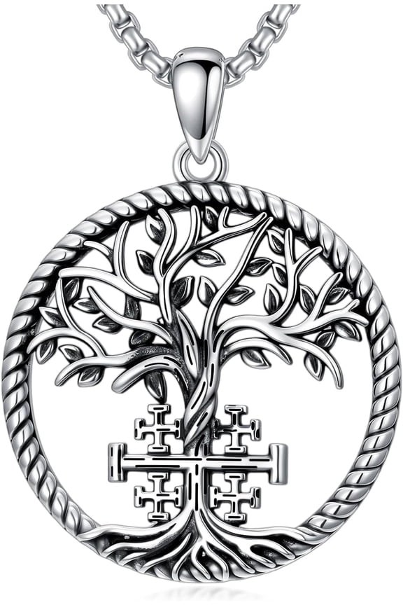 925 Sterling Silver Tree of Life Jerusalem Cross Necklace for Women Men Vintage Celtic Tree Pendant Christian Faith Jewelry Spiritual Protection Amulet