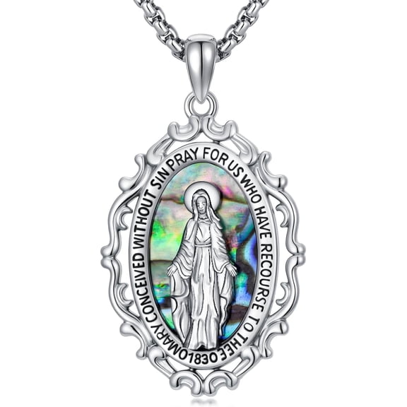 CACA LADY 925 Sterling Silver Virgin Mary Necklace for Women Mother Mary Pendant Abalone Shell Religious Catholic Jewelry Miraculous Medal Necklace Gift