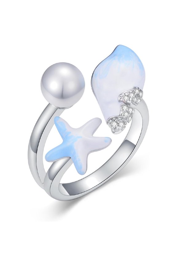 Adjustable Starfish Seashell Ring Ocean Shell Pearl Open Ring Blue White Shell Beach Jewelry Gifts for Women