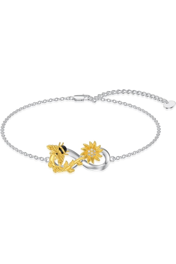 Bee Bracelet 925 Sterling Silver Bee Sunflower Infinity Adjustable Link Chain Bracelet Mother’s Day Birthday Bumblebee Jewelry Gifts for Women Mom Daughter Sister
