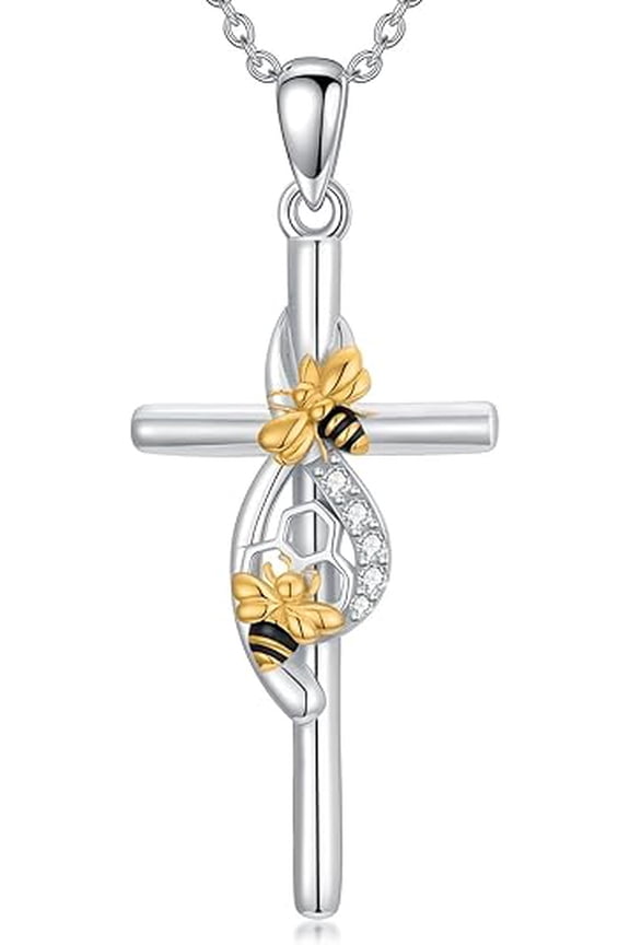 Bee Necklace 925 Sterling Silver Bee Cross Penadant Necklaces Double Bumble Necklace Jewelry Gifts for Women