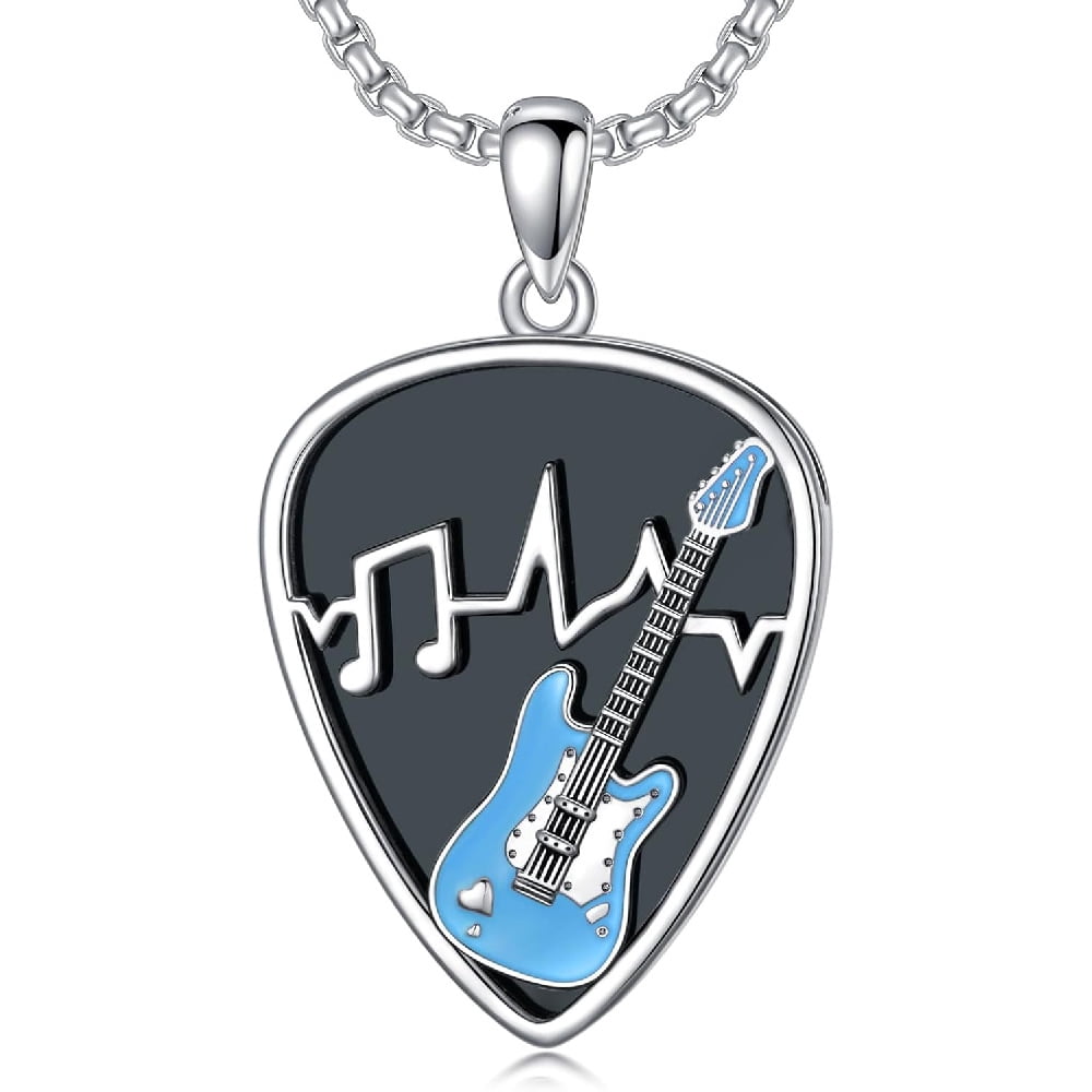 CACA LADY Black Guitar Pick Holder Necklace Sterling Silver Soundwave Pendant Holder with Music Note Pendant Jewelry for Musicians and Music Lovers, Blue