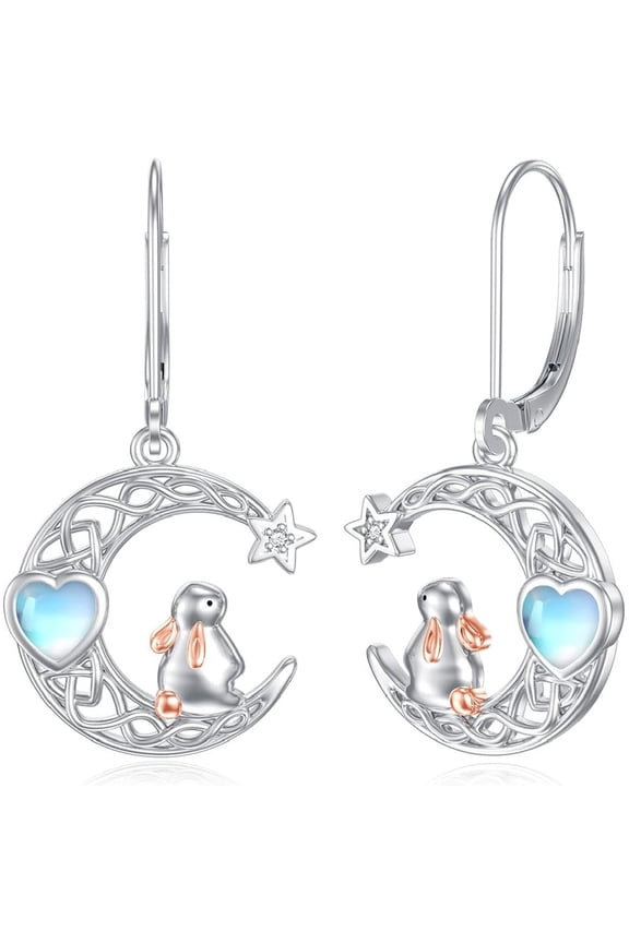 Bunny Earrings - Sterling Silver Rabbit and Moon Earrings, Moonstone Animal Jewelry for Easter, Birthday, Christmas, Anniversary - Gifts for Women
