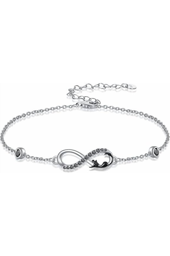 Cat Bracelet 925 Sterling Silver Adjustable Forever Infinity Black Cat Bracelet Black Cat Jewelry Gifts for Cat lover Women