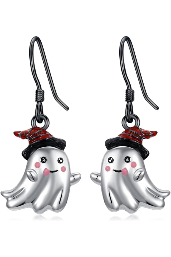 Christmas Gift Ghost Earrings for Women 925 Sterling Silver Cute Ghost Dangle Earrings with Witch Hat Xmas Jewelry Gifts for Women Mom Stocking Stuffers