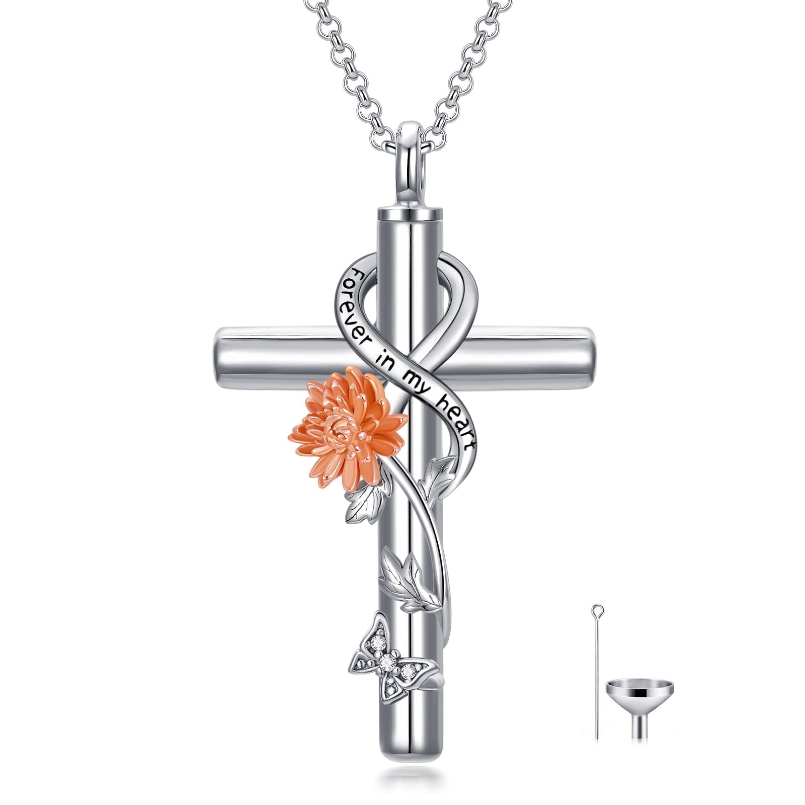 CACA LADY Chrysanthemum Cross Urn Necklace 925 Sterling Silver Cremation Jewelry with Funnel