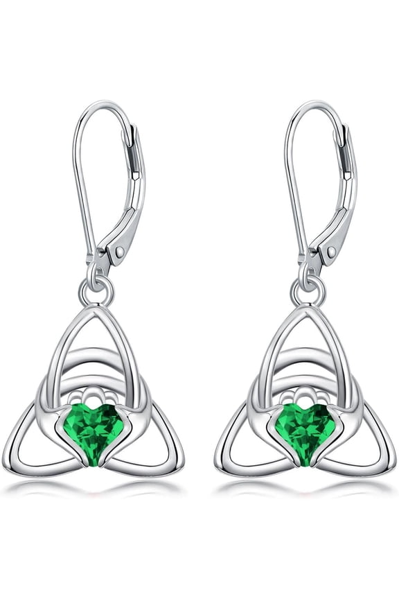 Claddagh Earrings Heart Shaped May Birthstone Emerald Green Earrings 925 Sterling Silver Celtic Trinity Irish Jewelry Claddagh Gifts for Women Mom Friends