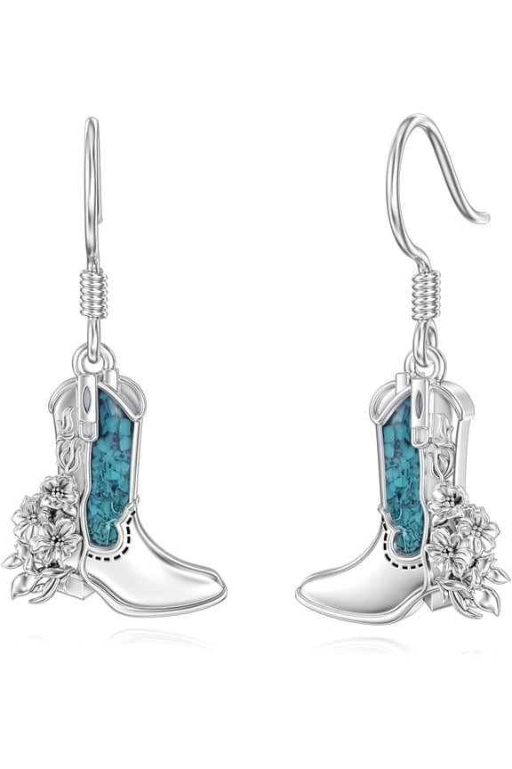 Cowgirl Boot Earrings 925 Sterling Silver Cowboy Texas Boot Dangle Drop Earrings Country Western Turquoise Jewelry Gifts for Cowgirl