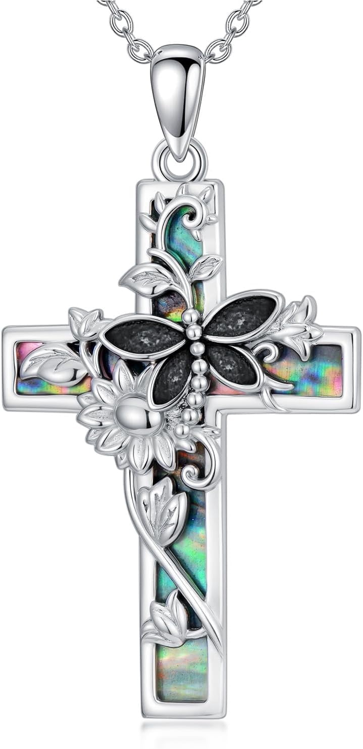 CACA LADY Dragonfly Cross Necklace 925 Sterling Silver Dragonfly Sunflower Abalone Shell Cross Pendant Jewelry Religious Christian Baptism Gifts for Her Women