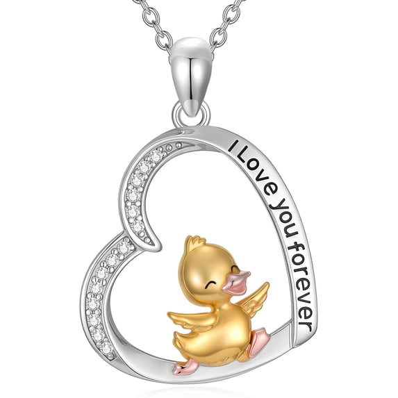 CACA LADY Duck Necklace 925 Sterling Silver Walking Duck Heart Pendant Necklace I Love You Forever Animal Jewelry Christmas Birthday Gift for Women