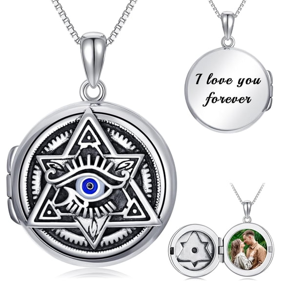 CACA LADY Evil Eye Necklace Heart Locket Necklace that Hold 2 Photos 925 Sterling Silver Evil Eye Jewelry Picture Locket Pendant for Women