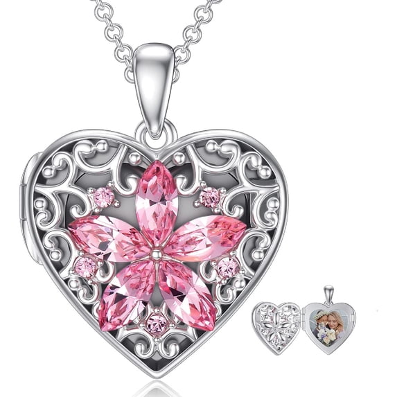 CACA LADY Flower Locket Necklace That Holds Pictures 925 Sterling Silver Heart Locket Necklace Pink Photo Locket Pendant Necklace Jewelry Romantic Valentines Birthday Gifts for Women Daughter