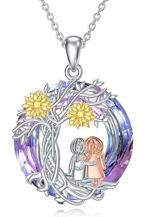 Gifts for Sister 925 Sterling Silver Tree of Life Necklace with Crystals 2 Sisters Pendant Necklace