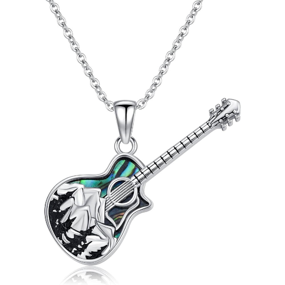 CACA LADY Guitar Necklace Mountain Necklace Sterling Silver Abalone Guitar Pendant Gifts for Guitar Holder Guitar with Music Note Pendant Jewelry Guitar Gift for Guitar Players Lovers Music Jewelry f