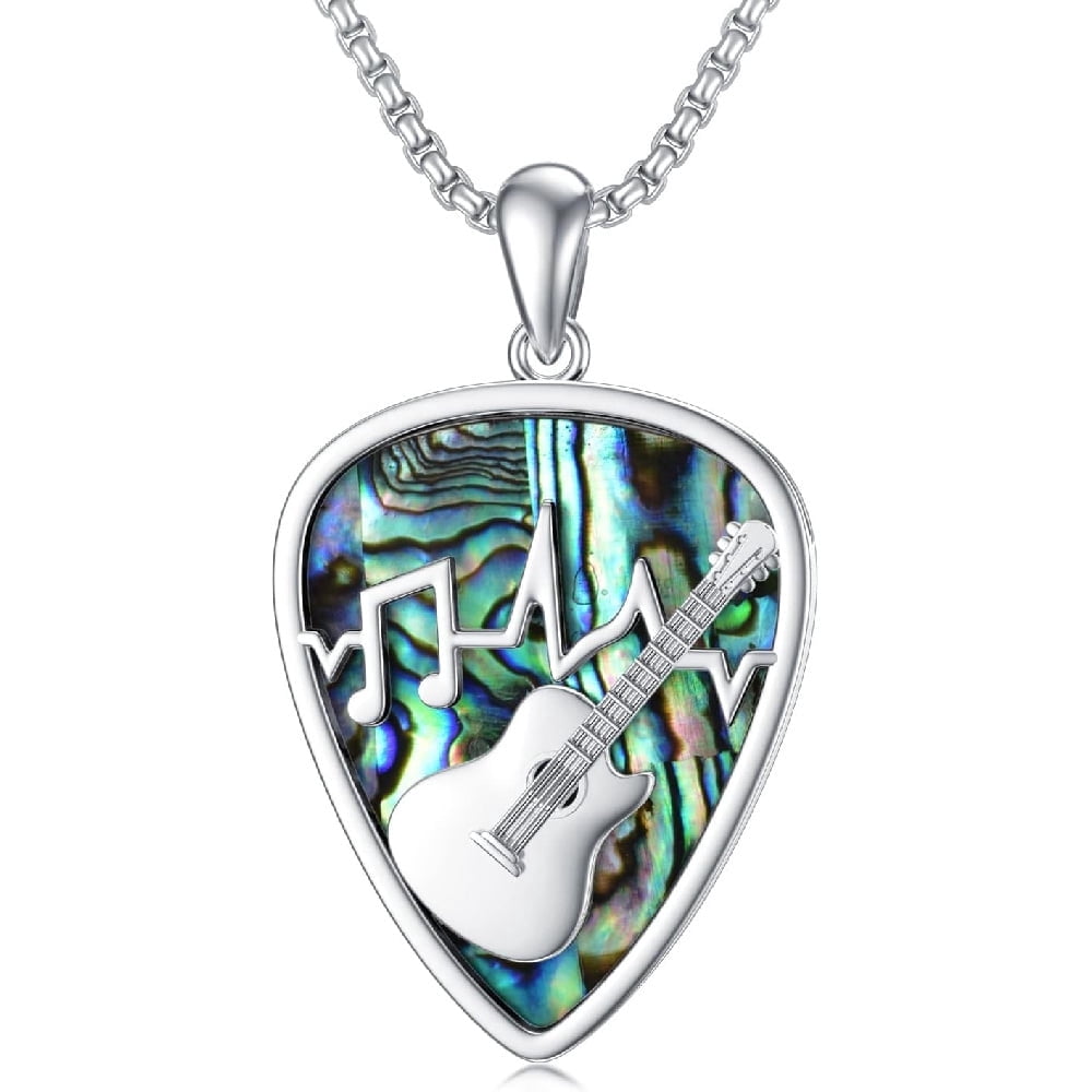 CACA LADY Guitar Pick Holder Necklace 925 Sterling Silver, Soundwave Guitar Pick Pendant Holder Engrave Guitar with Music Note Pendant Jewelry Musicians for Guitar Lovers Music Lovers