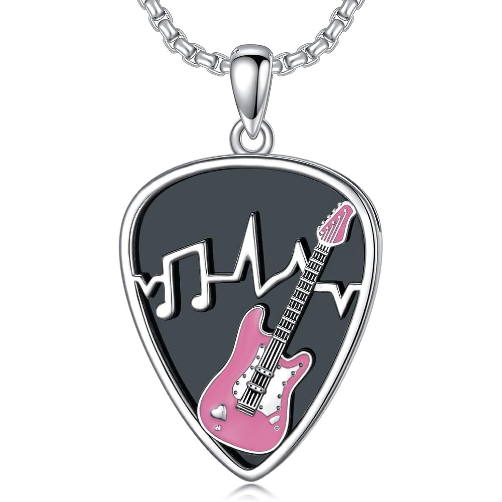 CACA LADY Guitar Pick Holder Necklace Guitar Pick Necklace for Men Sterling Silver Soundwave Guitar Pick Necklace Holder Guitar with Music Note Pendant Jewelry Guitar Gift for Guitar Players Lovers M