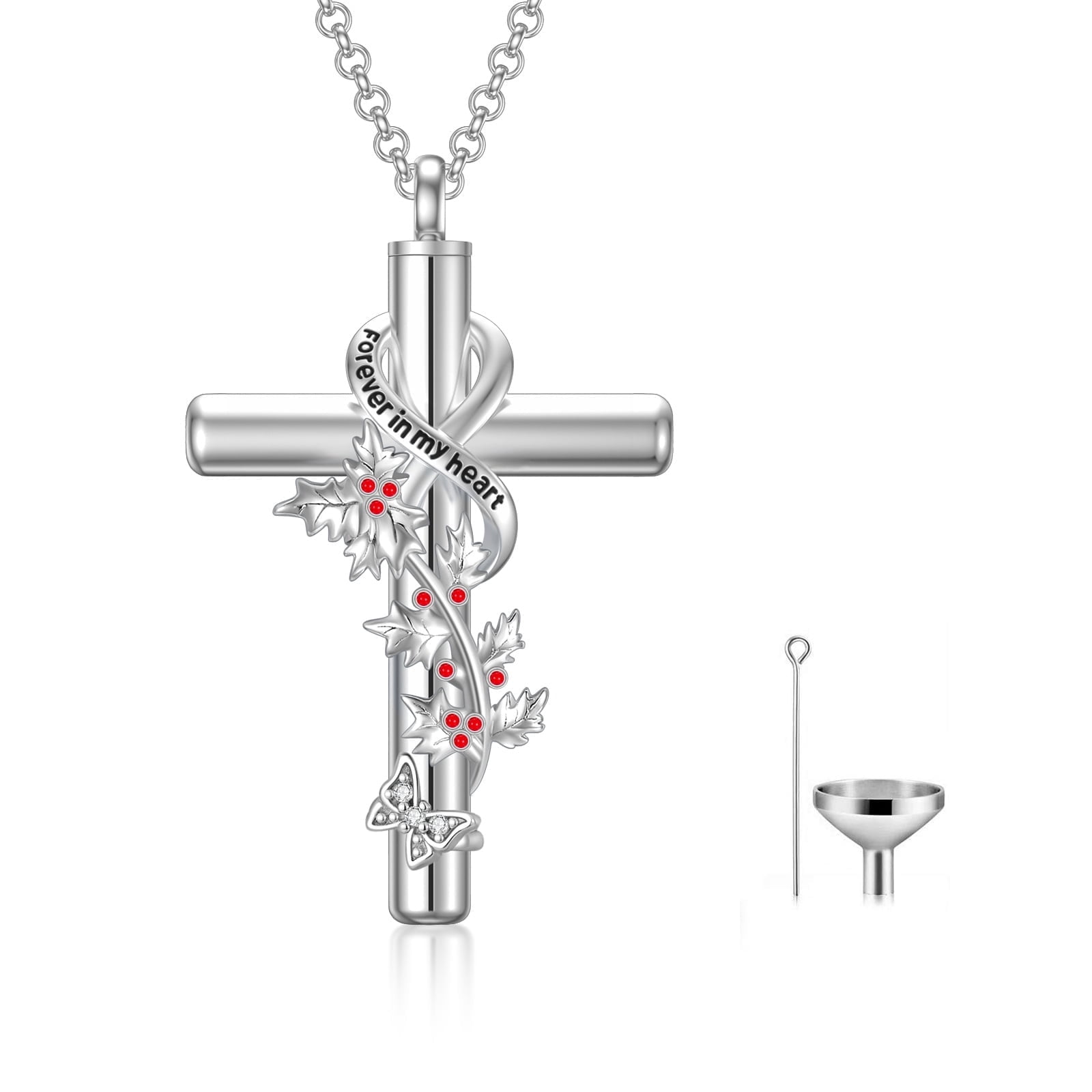 CACA LADY Holly Cross Urn Necklace 925 Sterling Silver Cremation Jewelry with Funnel Filler Kit