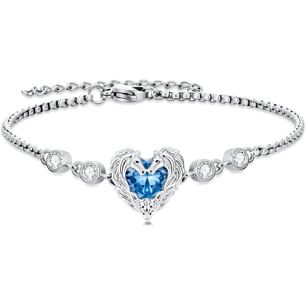 CACA LADY Horse Bracelet for Women 925 Sterling Silver Adjustable Blue Heart Crystal Bracelet Horse Jewelry for Women Equestrian Gifts Double Horse Link Chain
